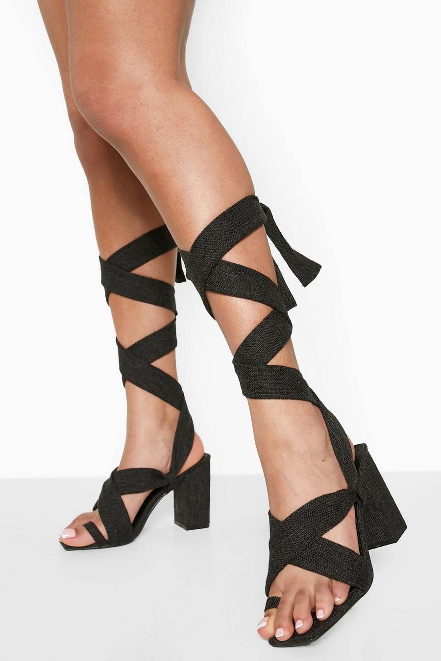 Black Linen Block Heel Wrap Up Sandal