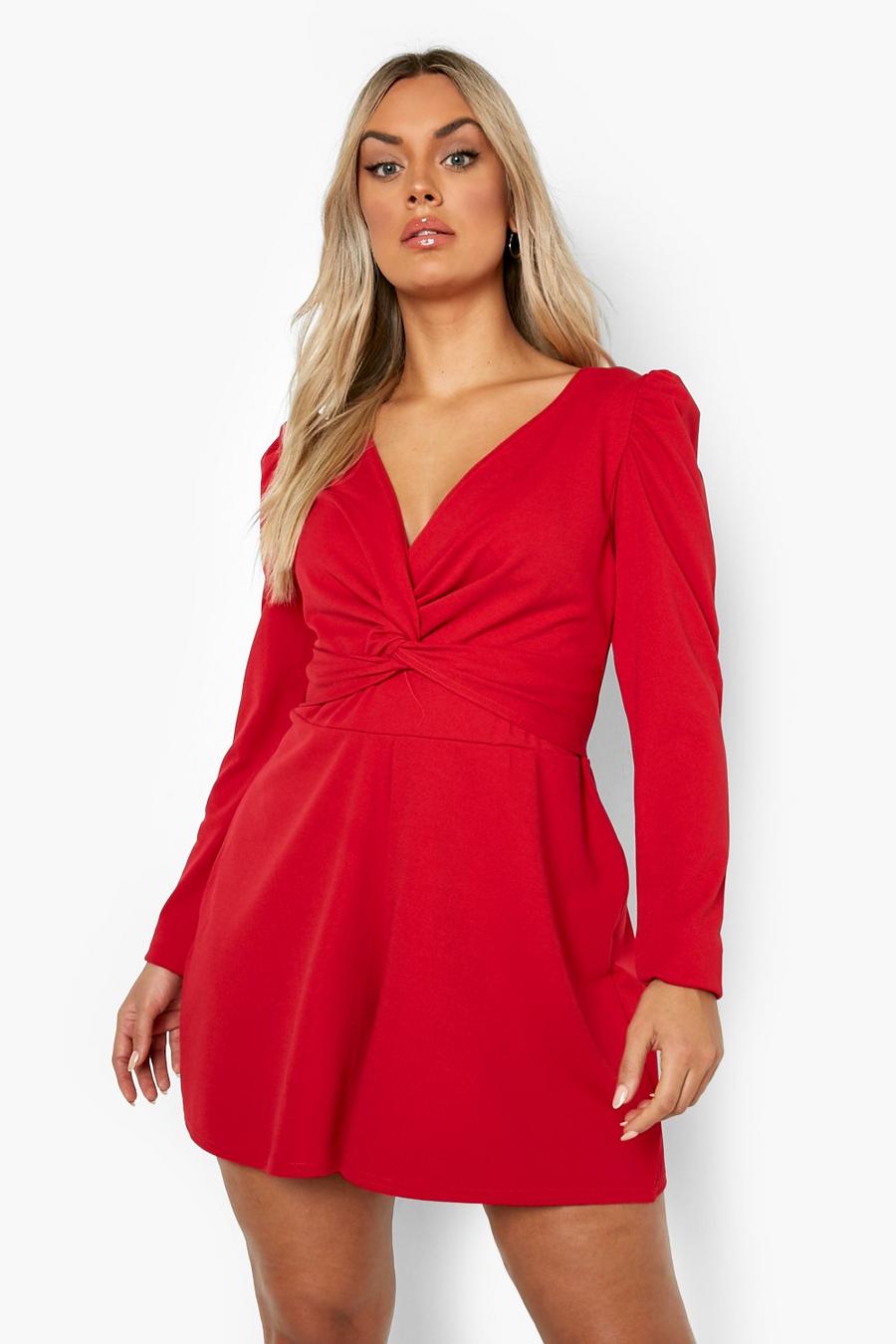 Red Plus Puff Sleeve Twist Front Romper