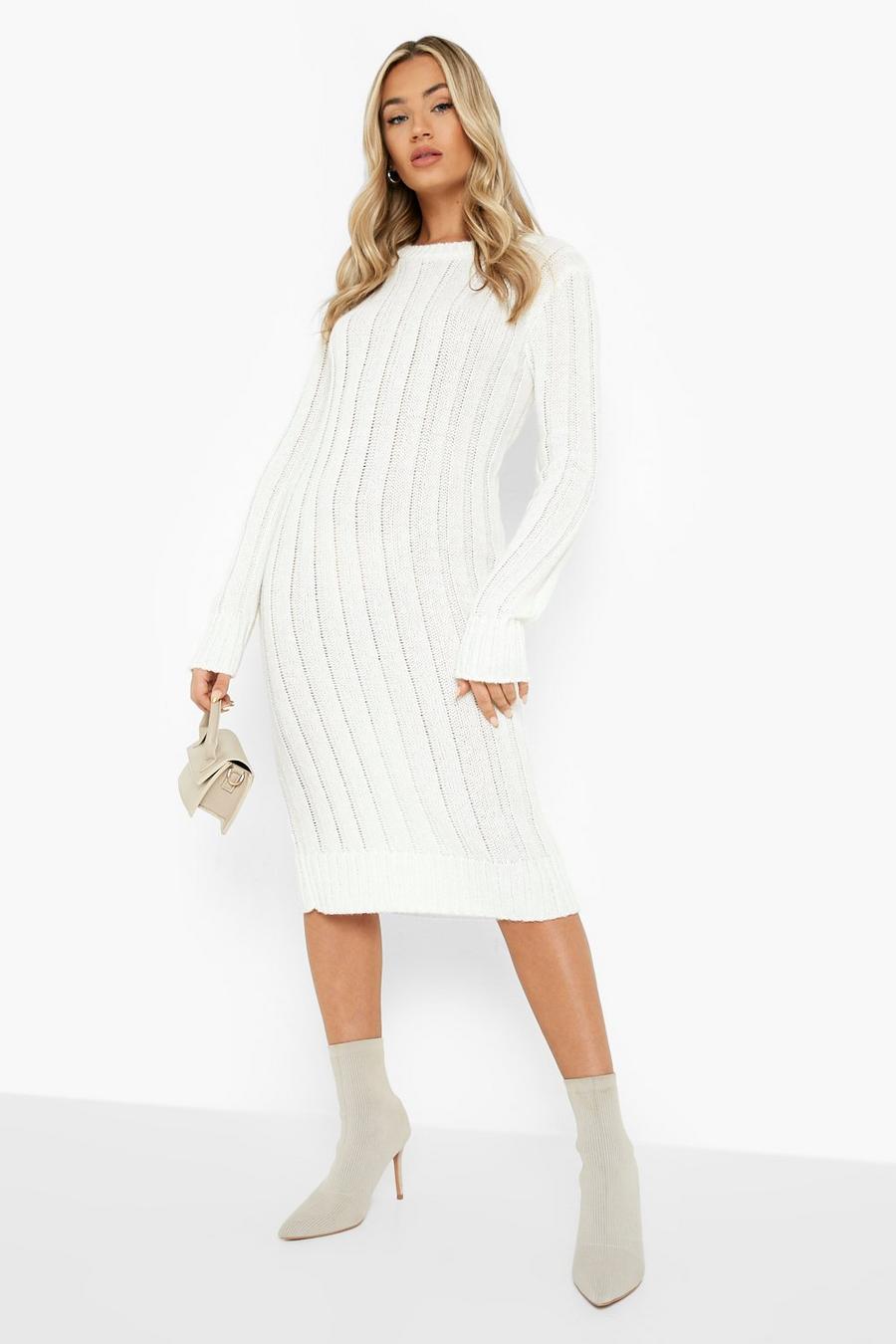 Cream white Soft Knit Wide Rib Knitted Midi Dress