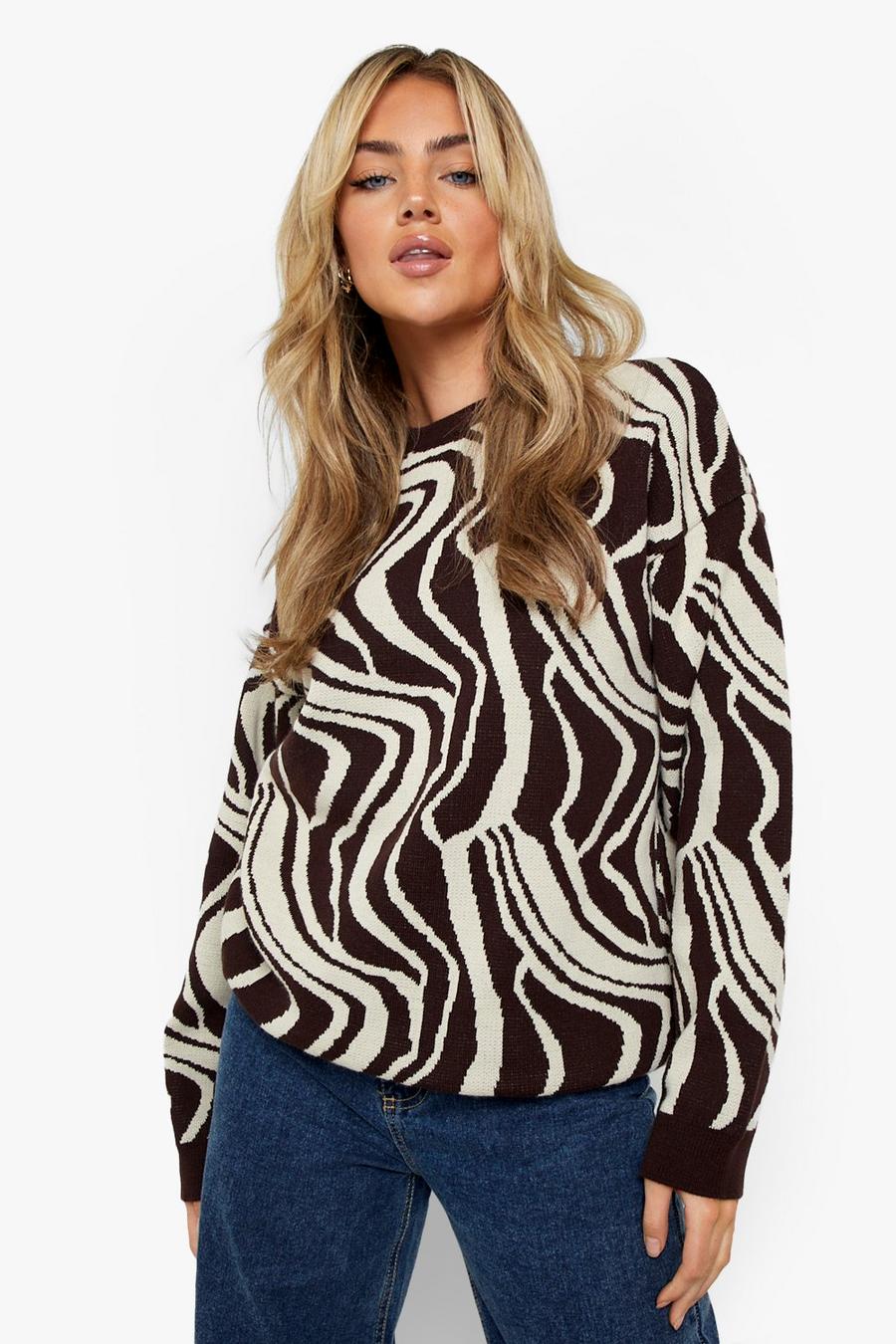 Chocolate brown Abstract Marble Print Knitted Sweater