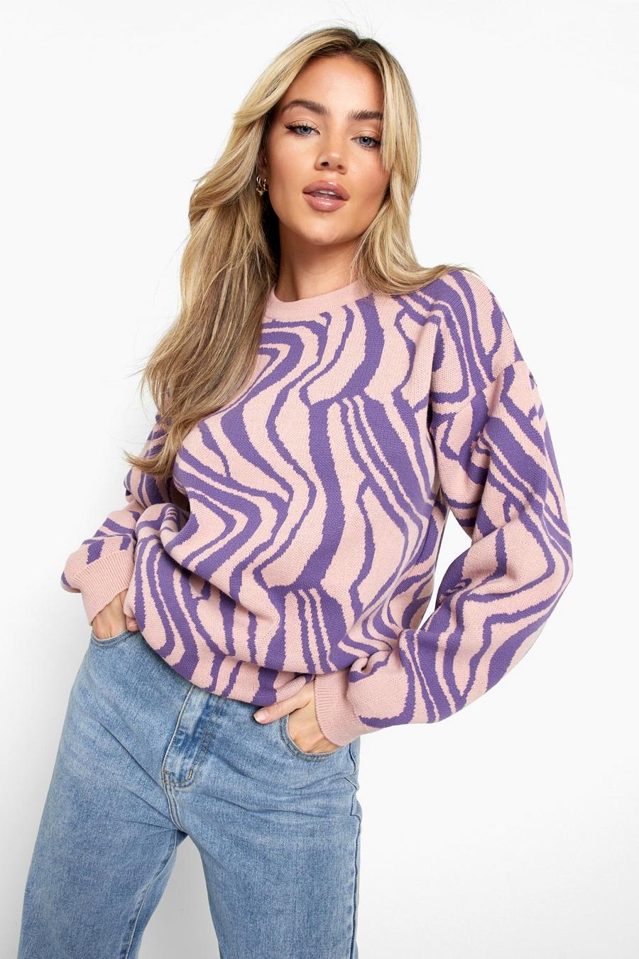 Mauve Abstract Marble Print Knitted Jumper  image number 1