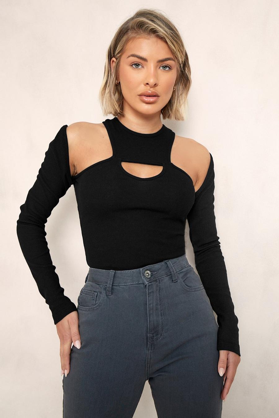 Black Cut Out Long Sleeve Rib Bodysuit  image number 1
