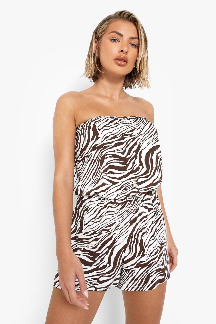 Cream Tiger Print Jersey Bandeau Beach Playsuit image number 1