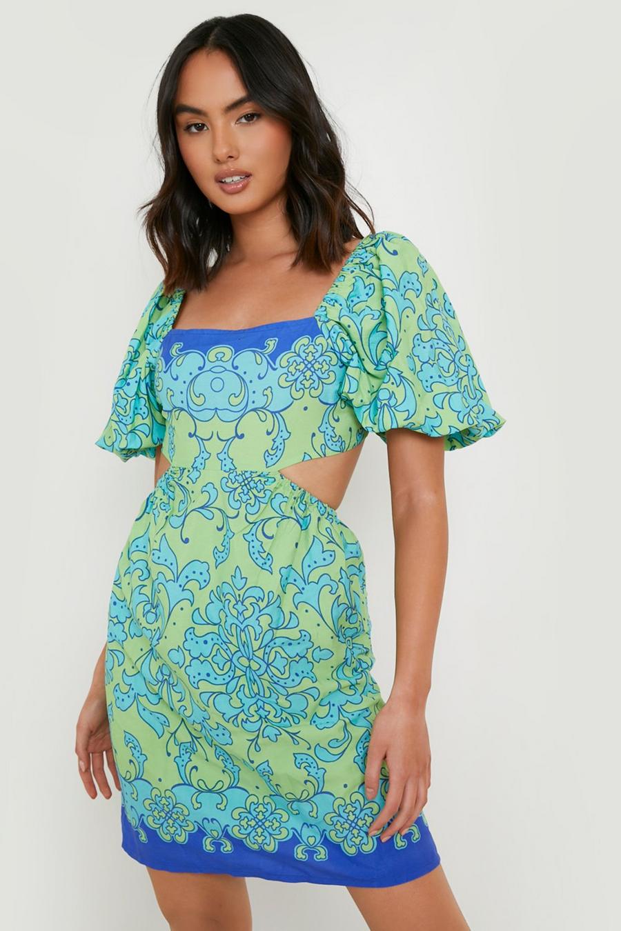 Green Floral Puff Sleeve Mini Dress image number 1