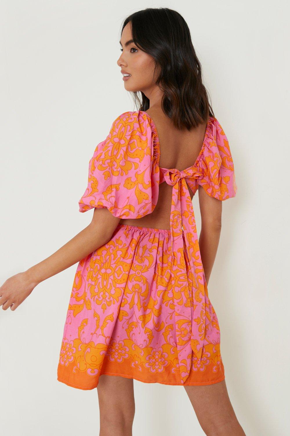 orange floral puff sleeve dress