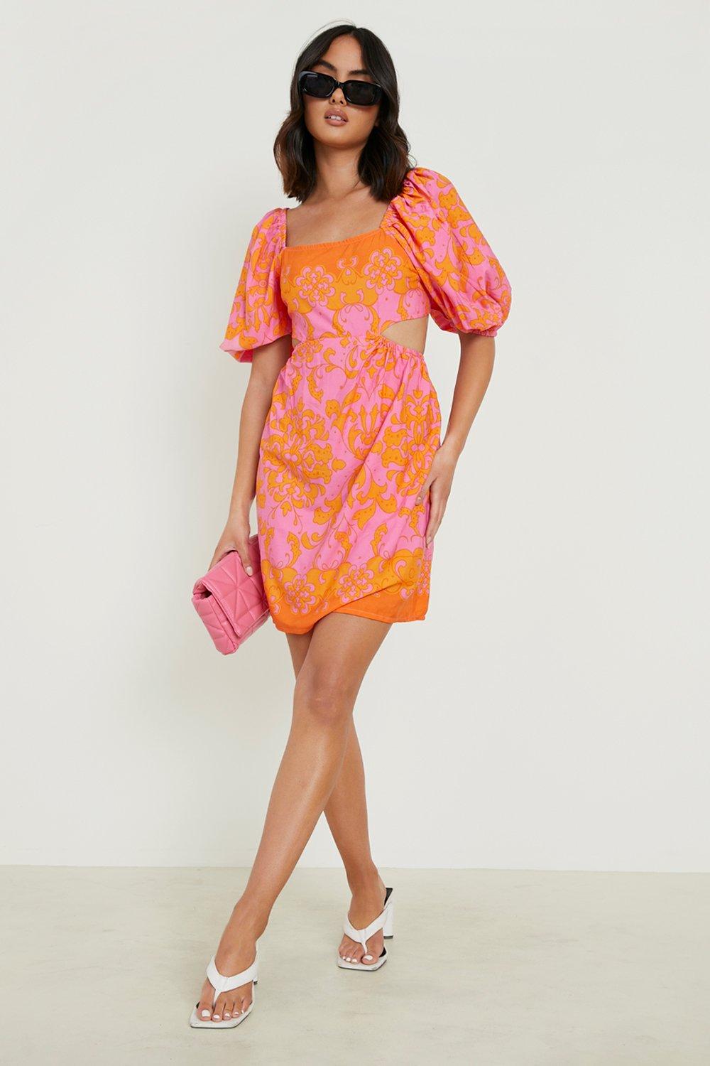 orange floral puff sleeve dress