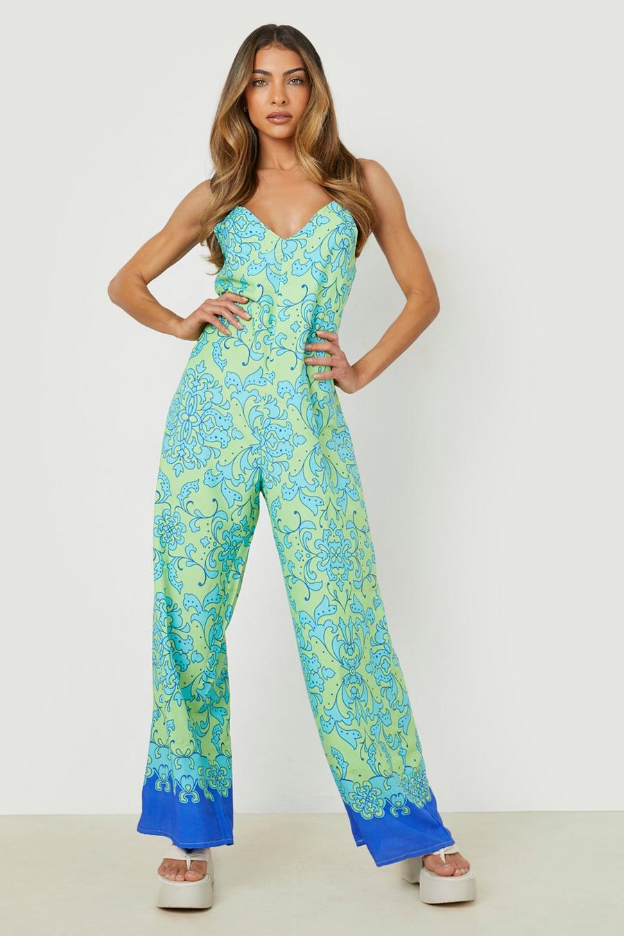 Green grön Floral Strappy Trapeze Jumpsuit image number 1