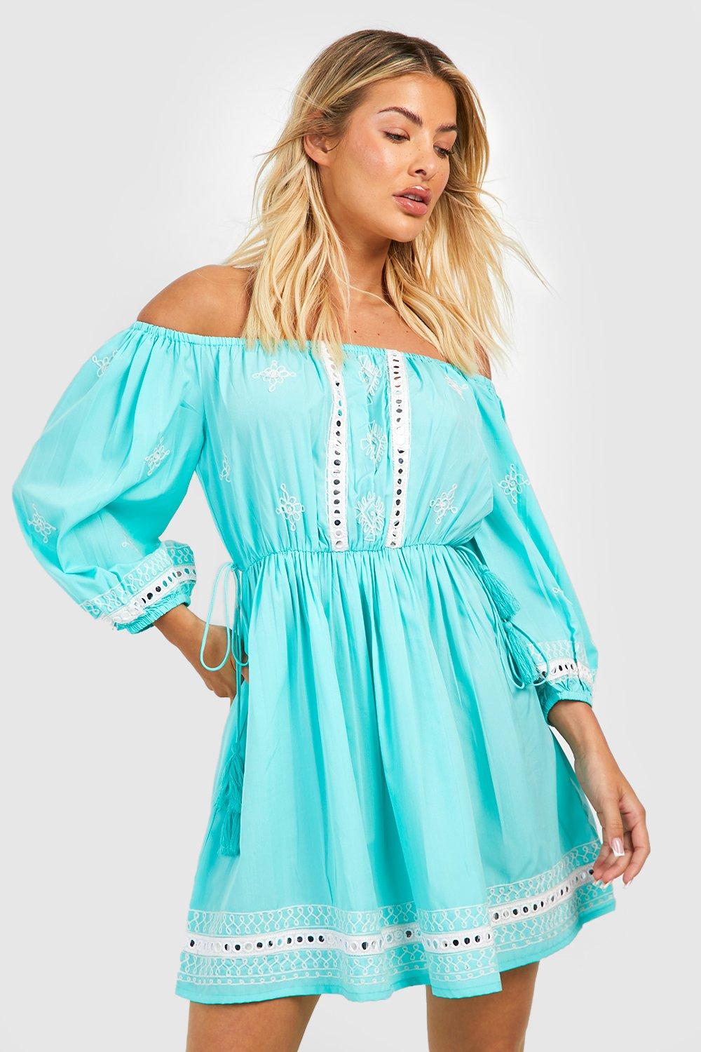 Embroidered Off The Shoulder Smock Dress