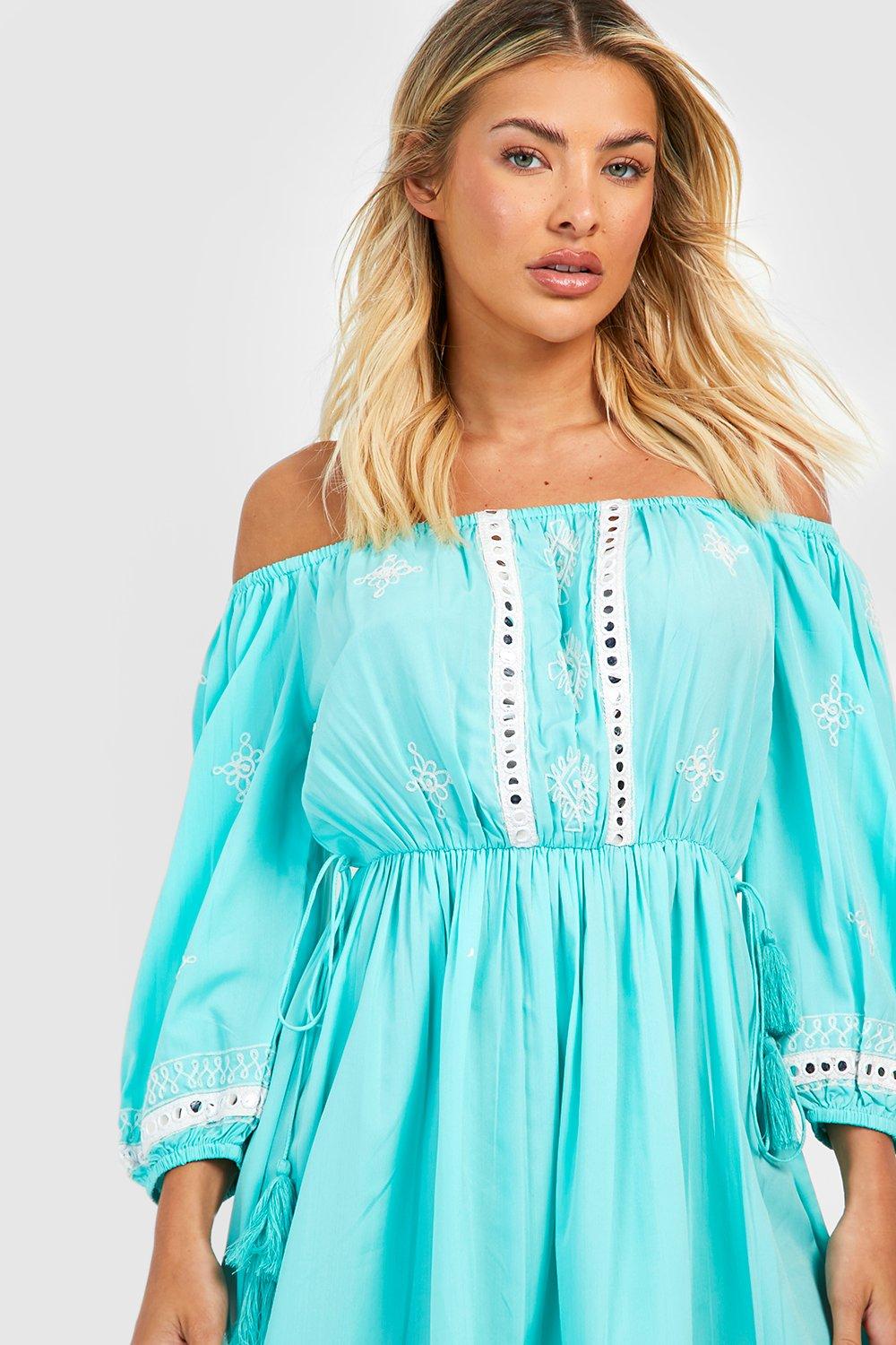 Embroidered Off The Shoulder Smock Dress boohoo USA