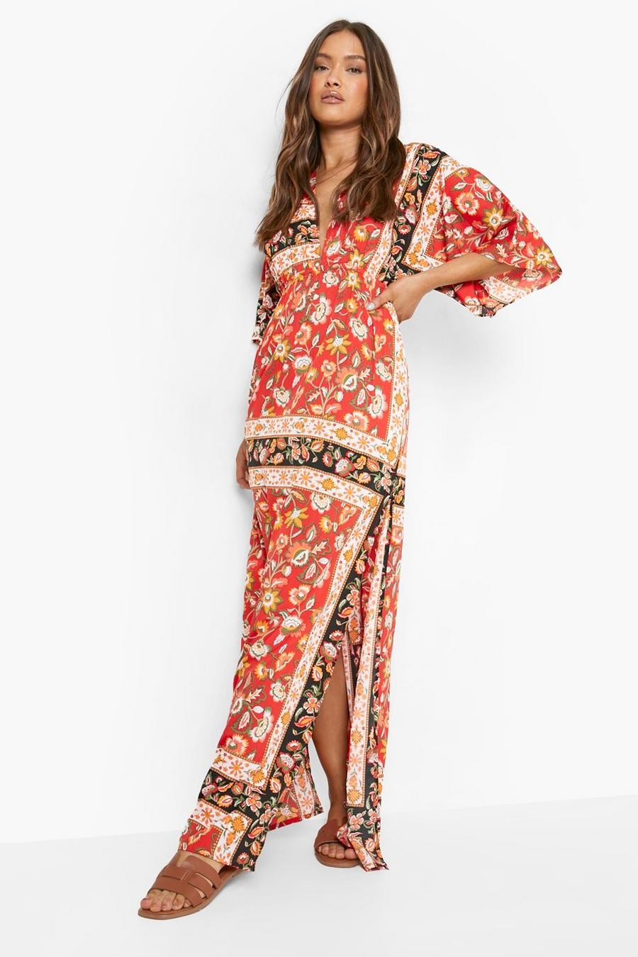 Red Floral Kimono Plunge Maxi Dress image number 1