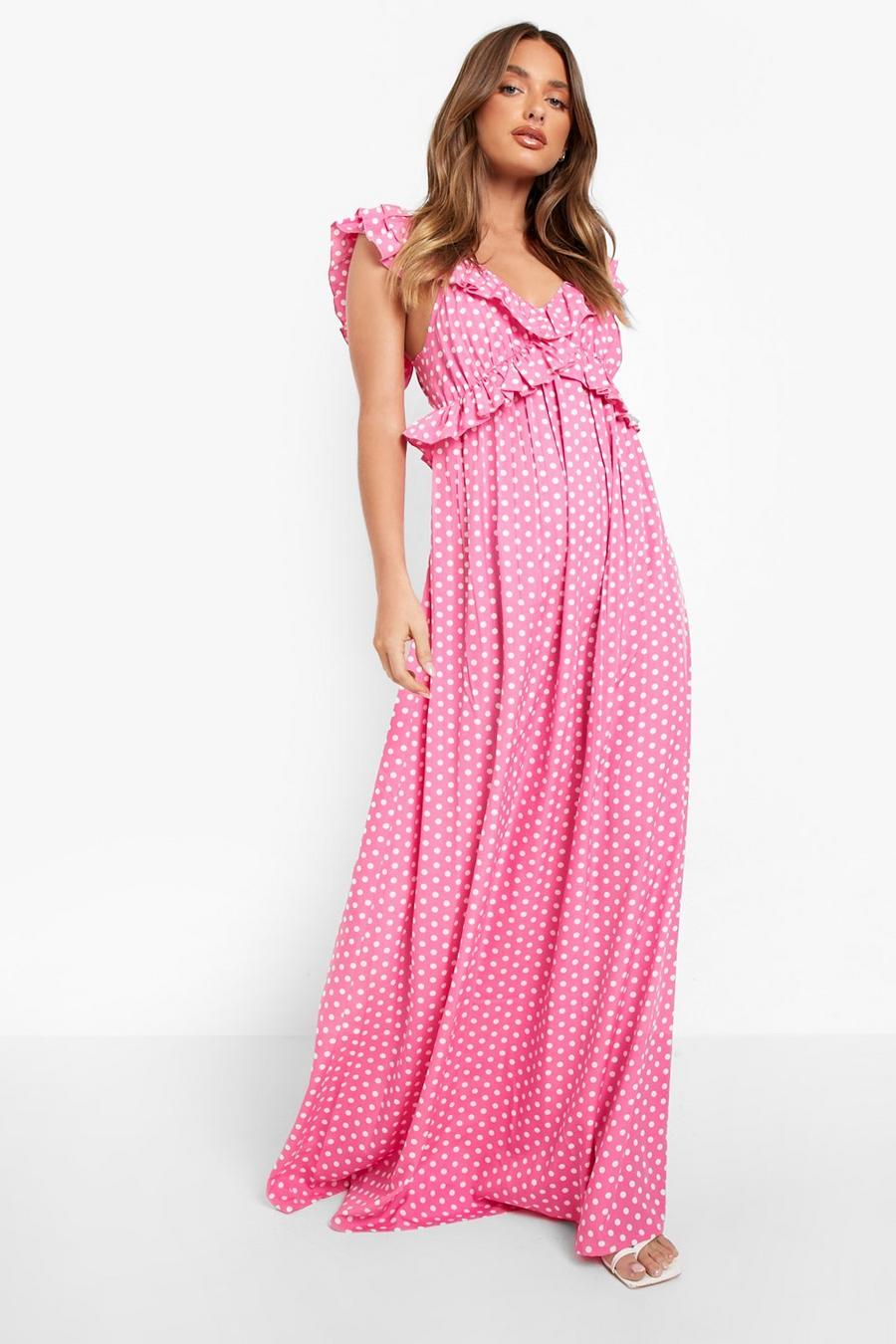 Pink Polka Dot Ruffle Strap Maxi Dress