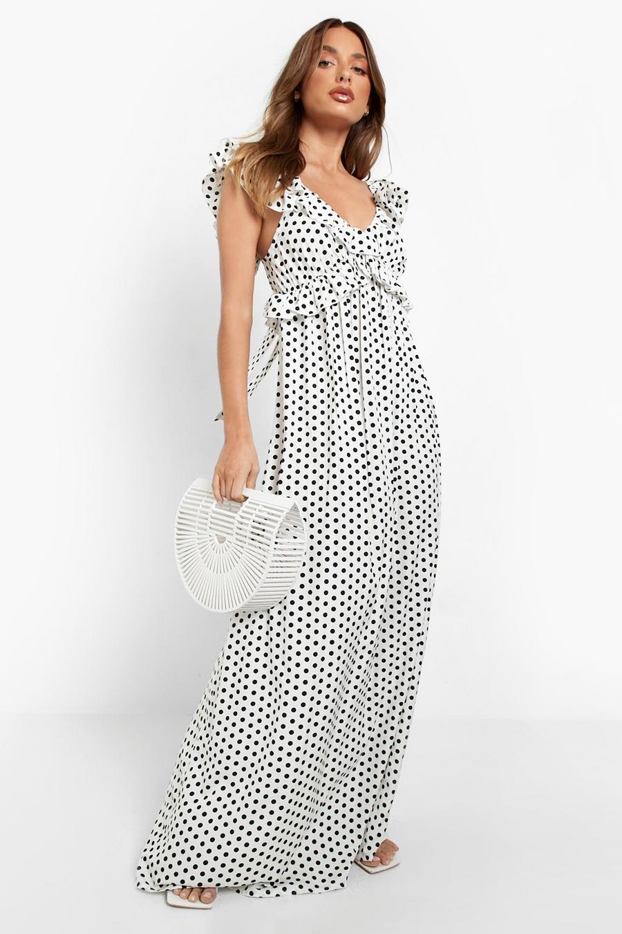 White Polka Dot Ruffle Strap Maxi Dress image number 1