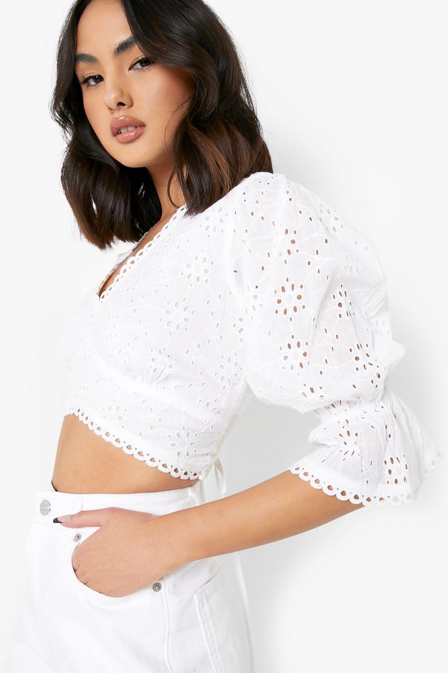 White Eyelet Lace Up Crop Top image number 1