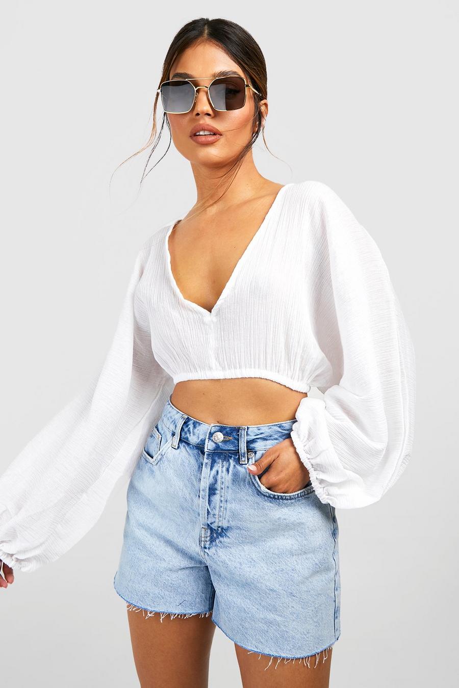 White Cheesecloth Plunge Batwing Smock Top