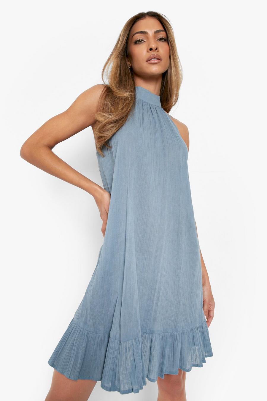Blue blå Cheesecloth Halterneck Swing Dress