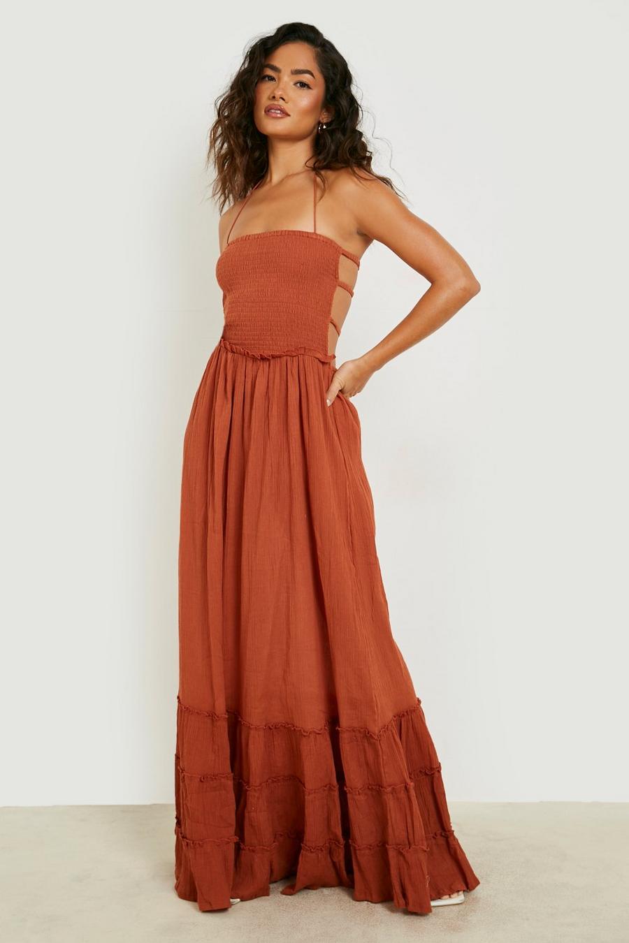 Tan Cheesecloth Shirred Open Back Maxi Dress image number 1