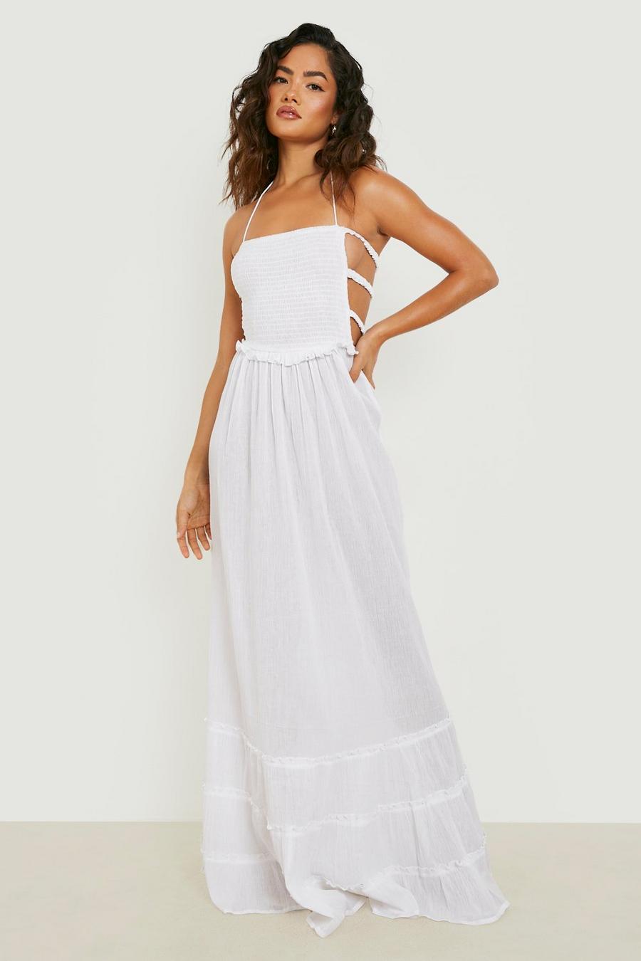 White Cheesecloth Shirred Open Back Maxi Dress image number 1