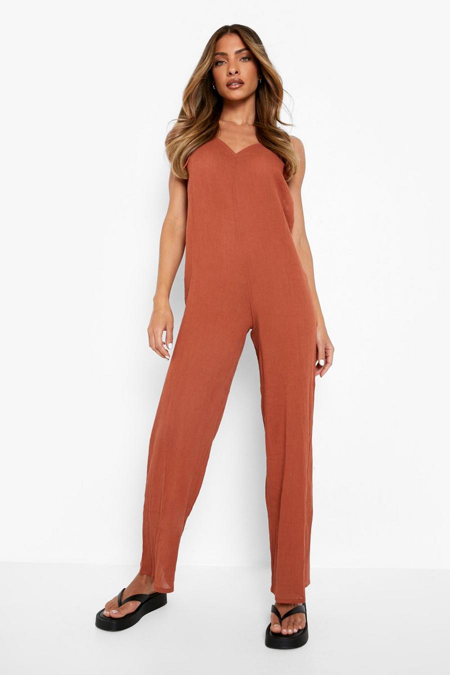 Tan Cheesecloth Strappy Trapeze Jumpsuit image number 1