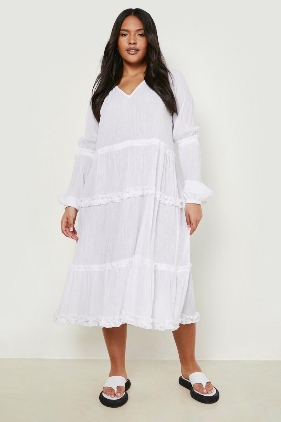 White Plus Cheesecloth Tiered Smock Dress image number 1
