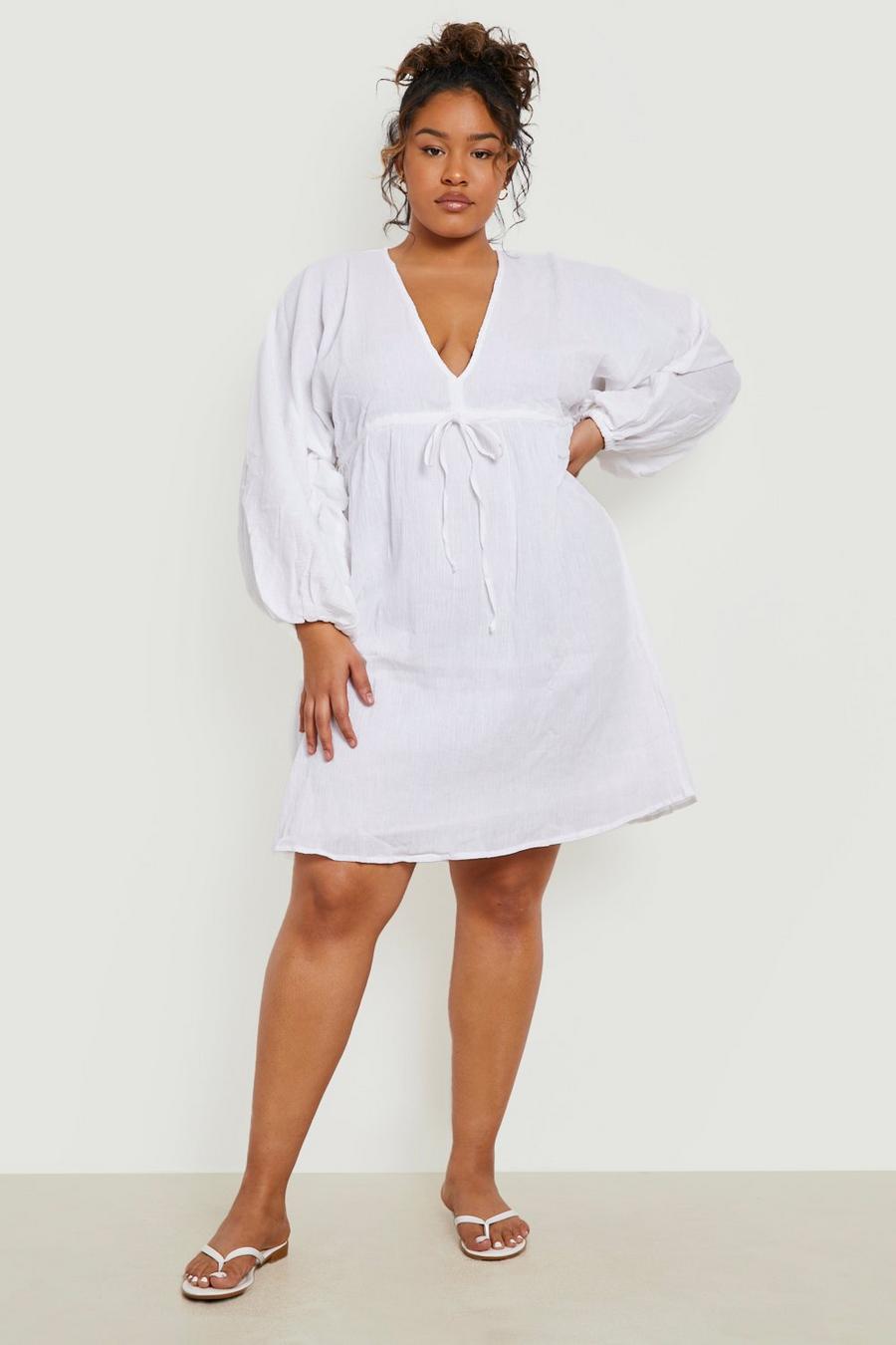 White Plus Cheesecloth Plunge Batwing Smock Dress image number 1
