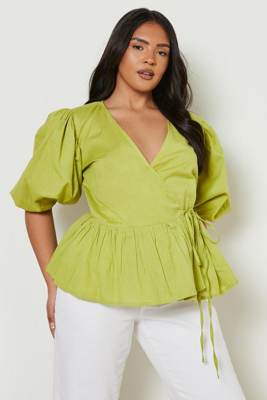 Chartreuse yellow Plus Linen Puff Sleeve Wrap Top image number 1