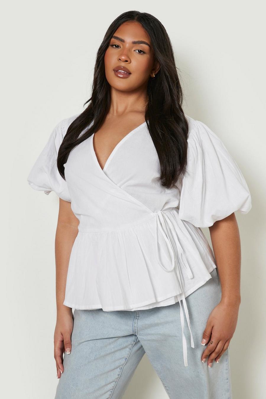 White Plus Linen Puff Sleeve Wrap Top image number 1
