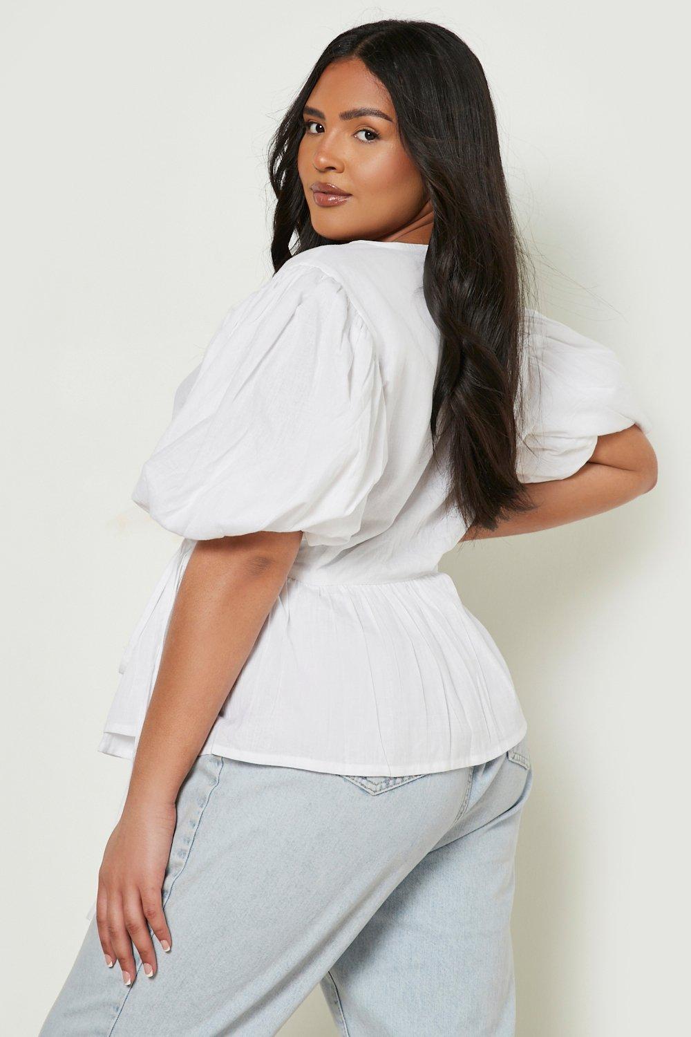 Women s White Plus Linen Puff Sleeve Wrap Top Boohoo UK