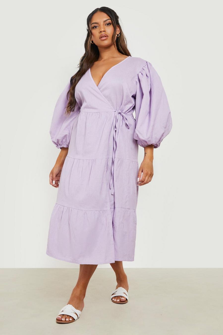 Lilac violet Plus Linen Puff Sleeve Wrap Midi Dress