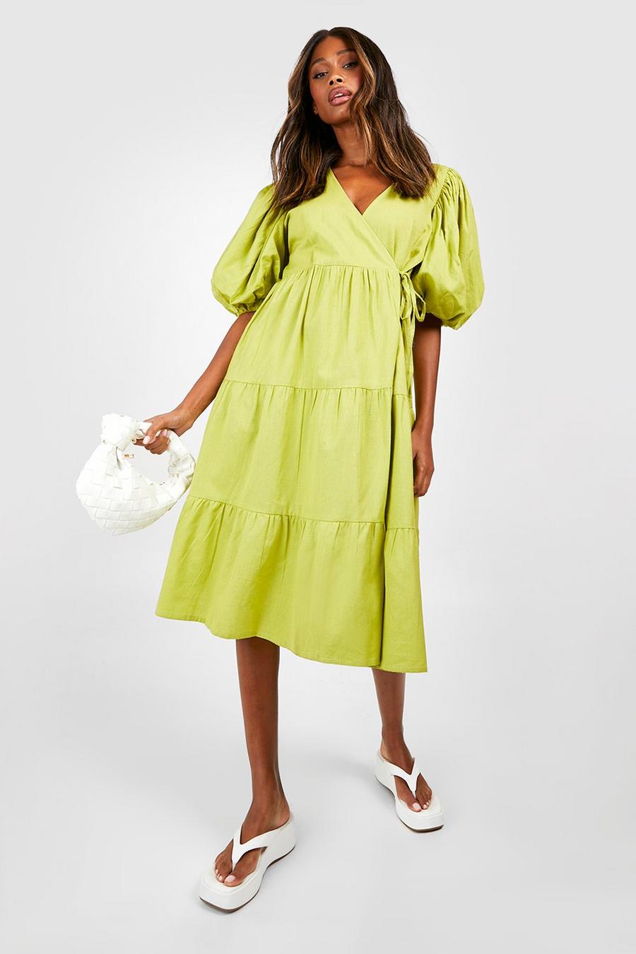Chartreuse Linen Puff Sleeve Wrap Midi Dress image number 1