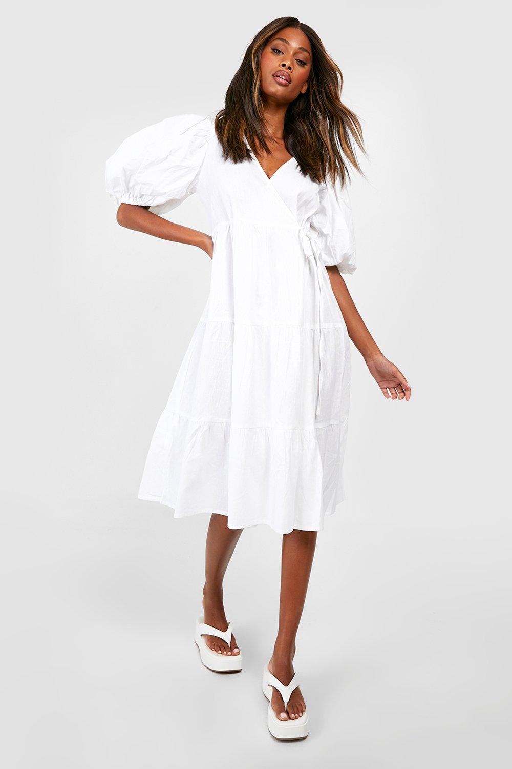 Linen Puff Sleeve Wrap Midi Dress | boohoo USA