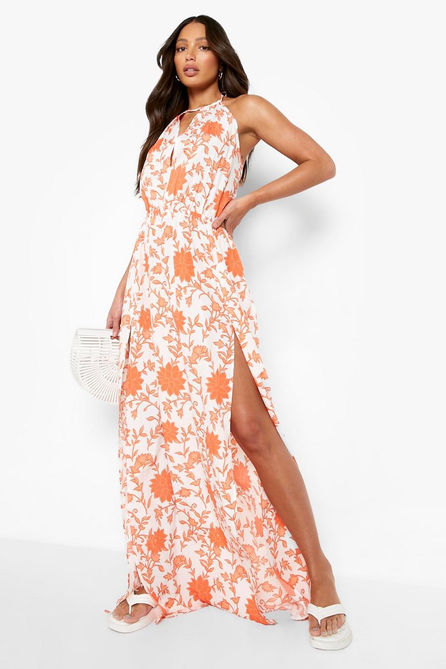 Orange Tall Floral Backless Maxi Dress image number 1