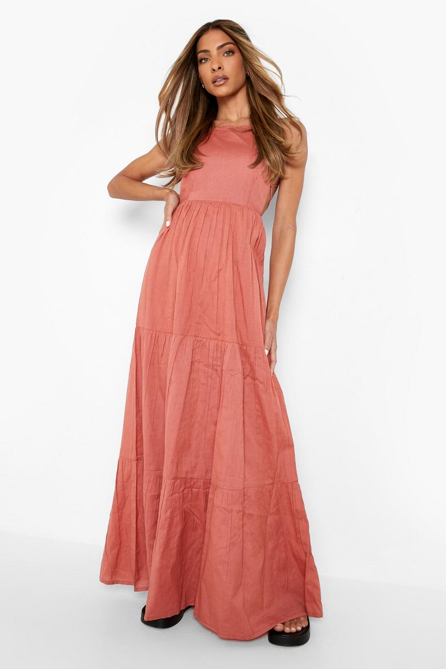 Terracotta Linen Tiered Open Back Maxi Dress image number 1