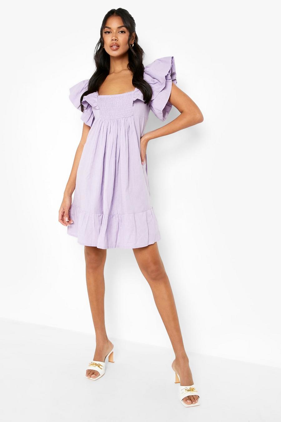 Vestido holgado fruncido de lino con volante, Lilac image number 1