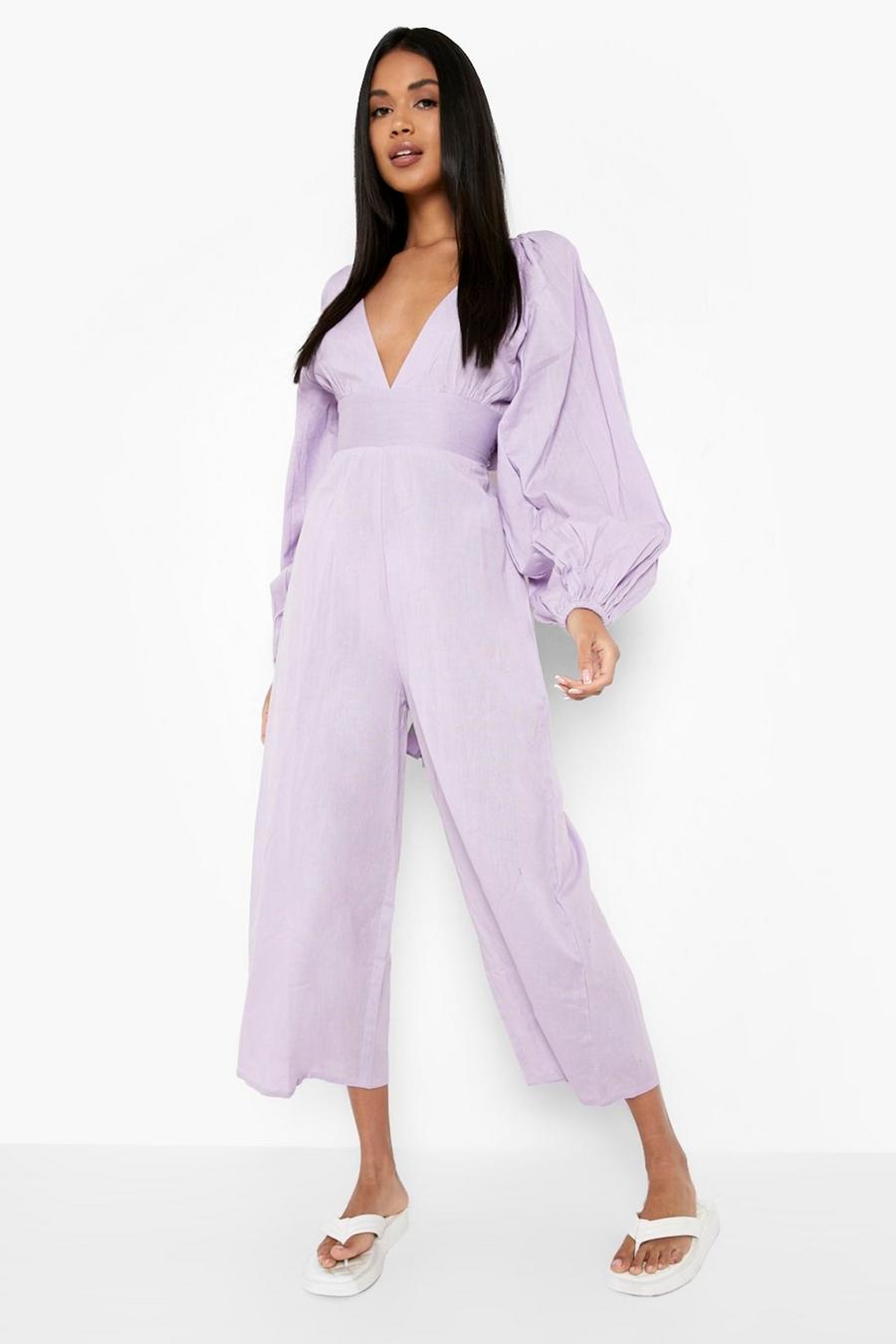 Lilac Linen Balloon Sleeve Culotte Jumpsuit image number 1