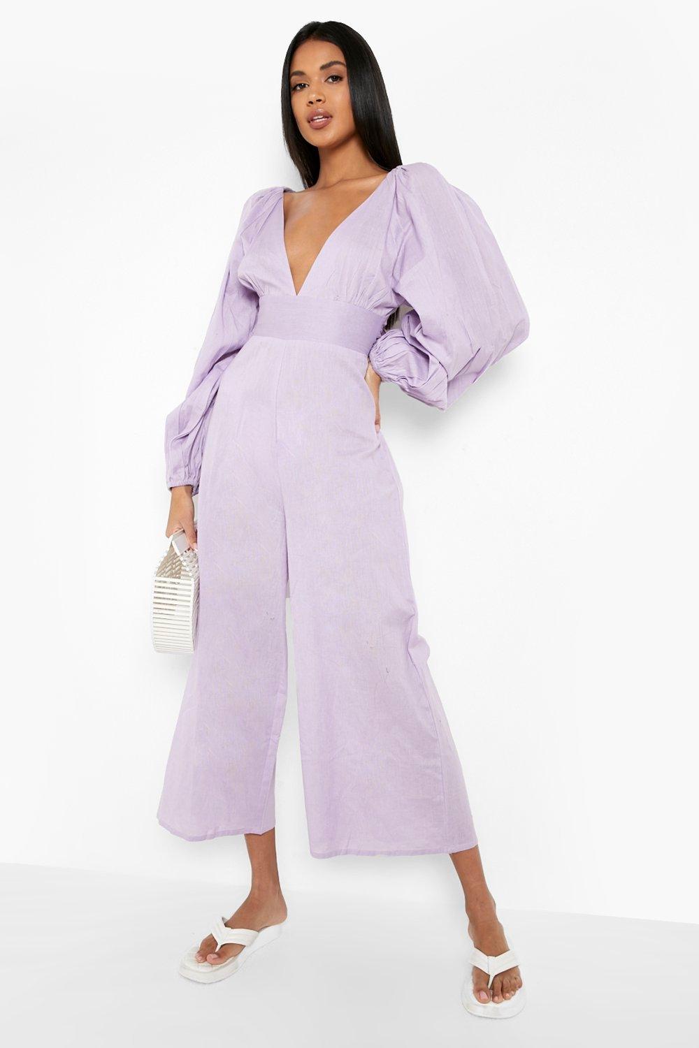 Linen Balloon Sleeve Culotte Jumpsuit | boohoo