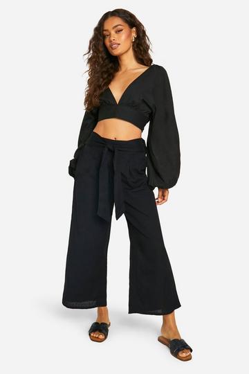 Linen Look Balloon Sleeve Crop & Wide Leg Pants black