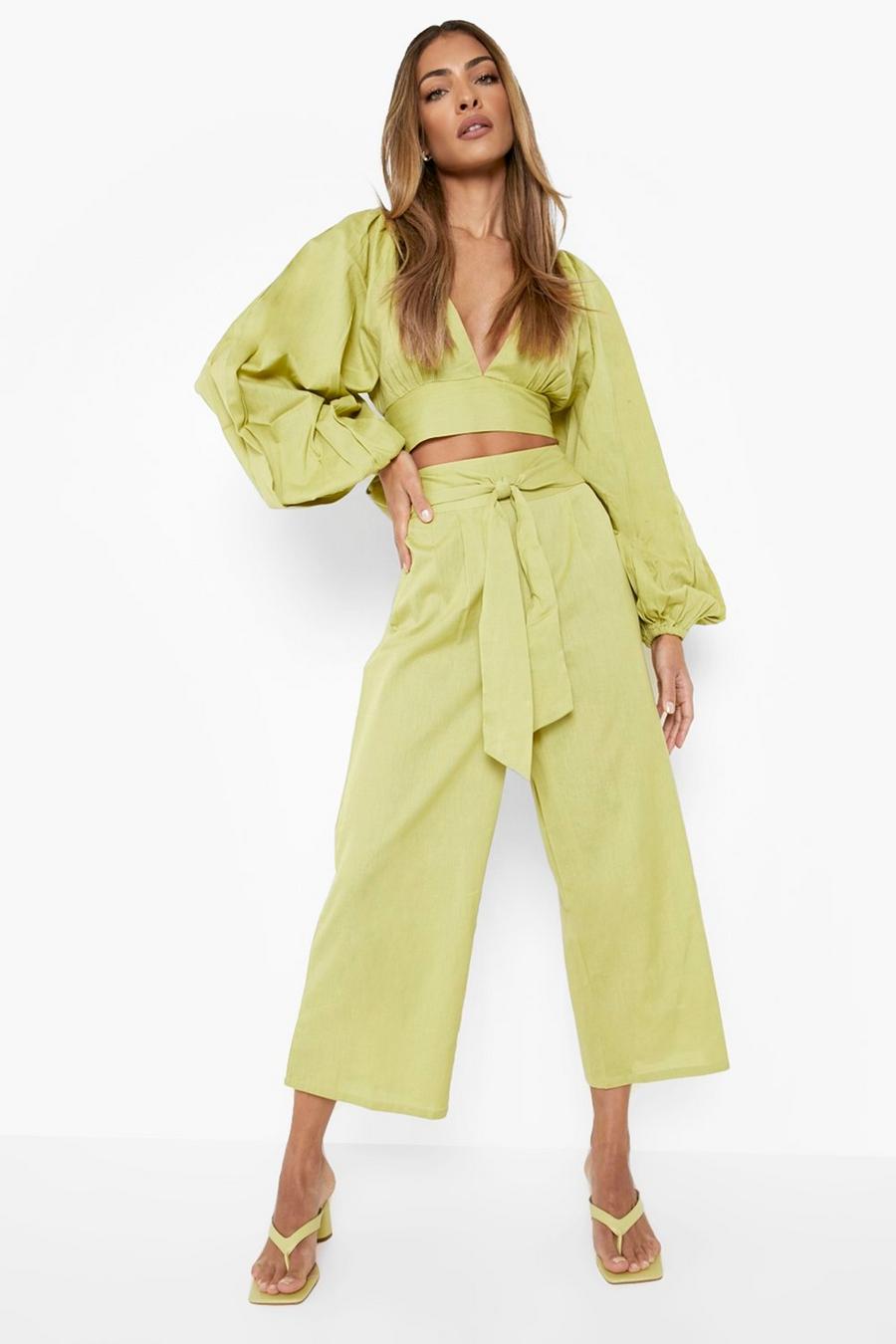 Crop top effetto lino con maniche a palloncino & pantaloni a gamba ampia, Chartreuse image number 1