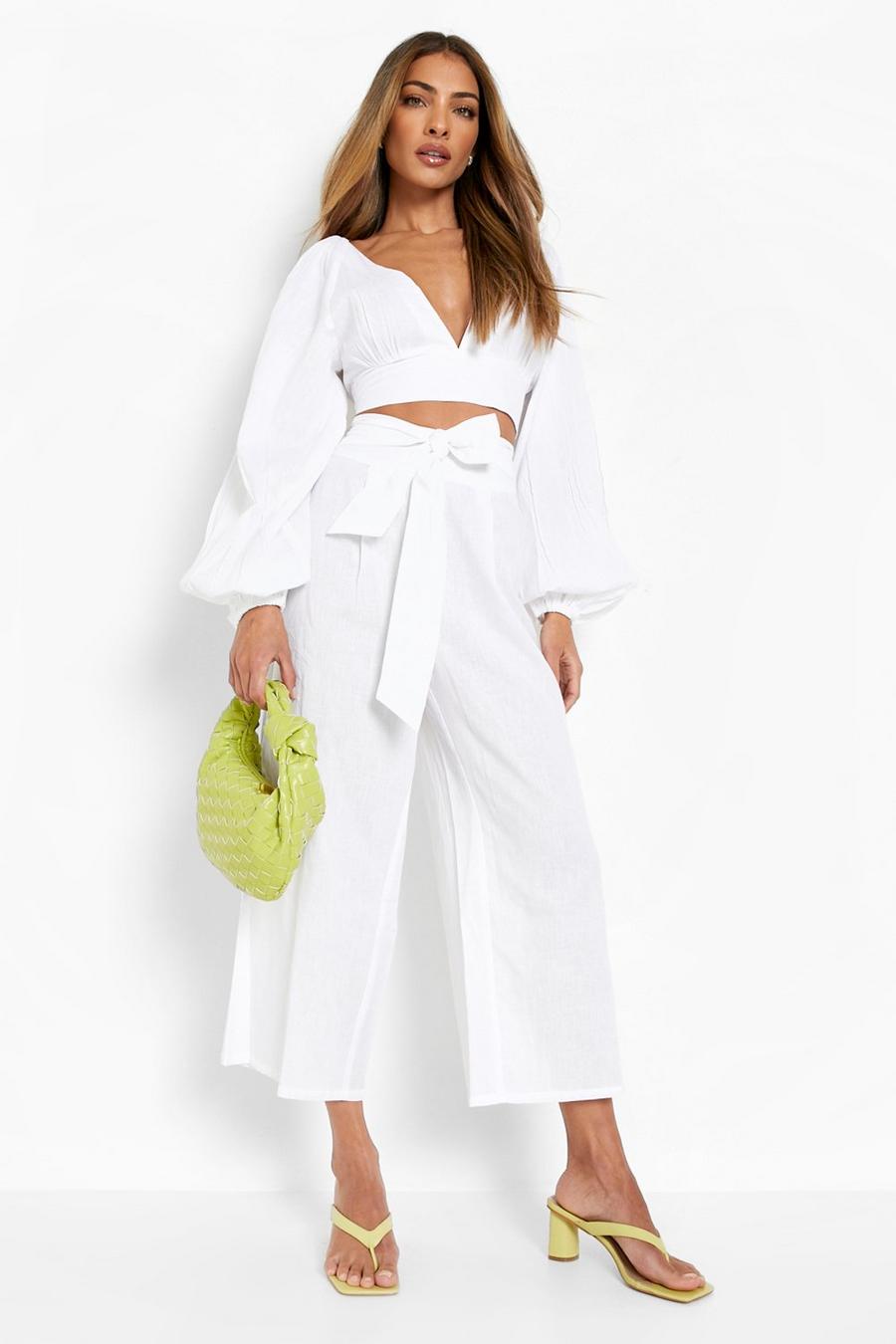 White Linen Look Balloon Sleeve Crop & Wide Leg Trousers image number 1