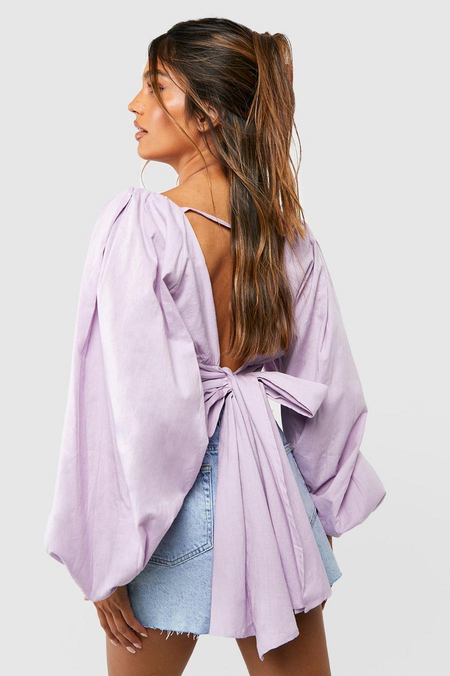 Lilac Linen Balloon Sleeve Tie Back Crop Top image number 1