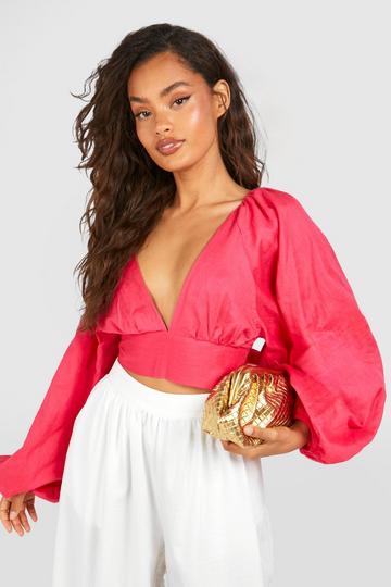 Linen Balloon Sleeve Tie Back Crop Top pink