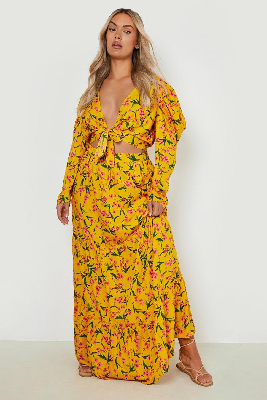 צהוב סט פרחוני תואם של חצאית מקסי וטופ עם שרוולים תפוחים, מידות גדולות image number 1