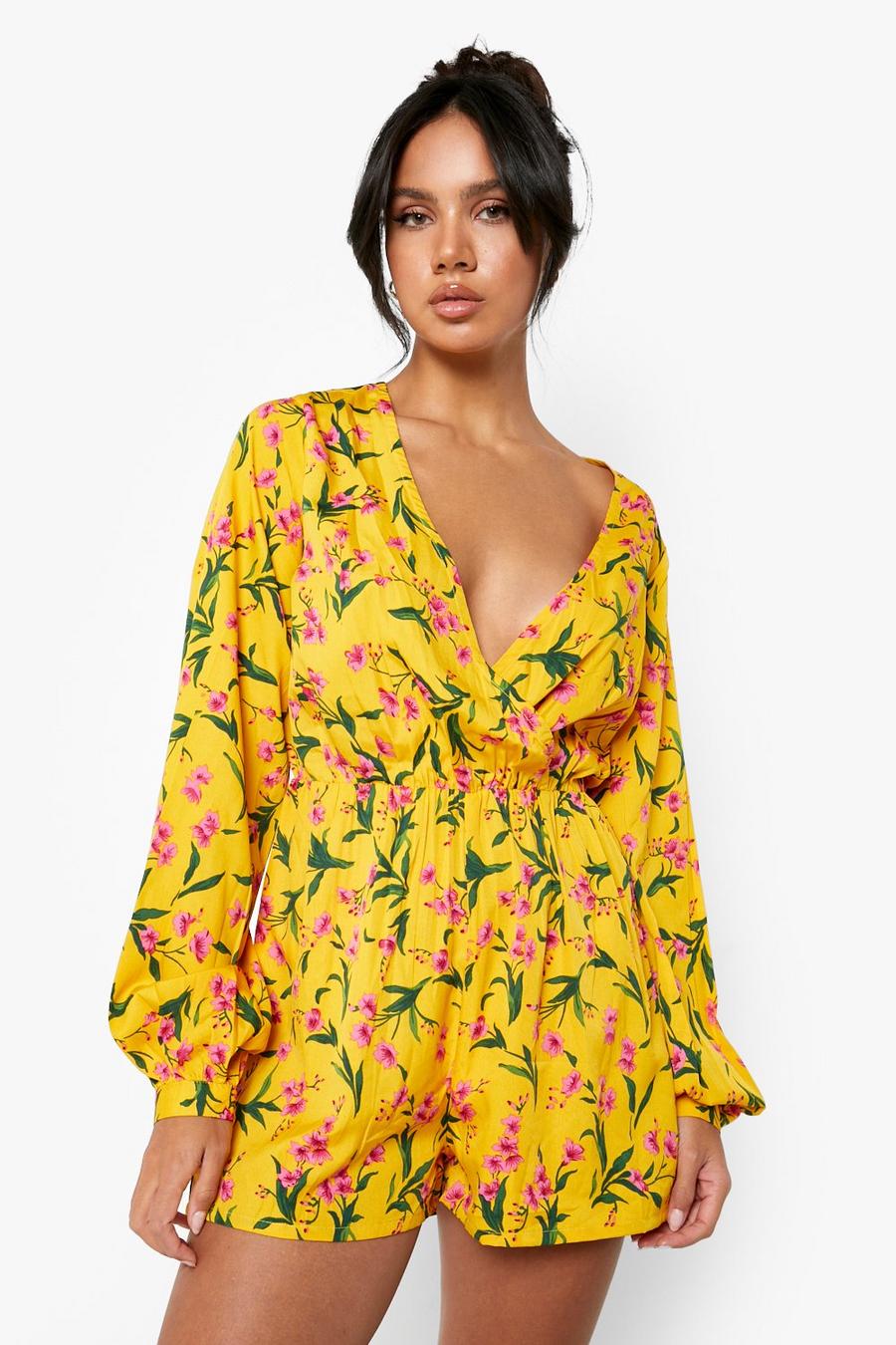 Yellow Floral Plunge Tie Waist Romper image number 1