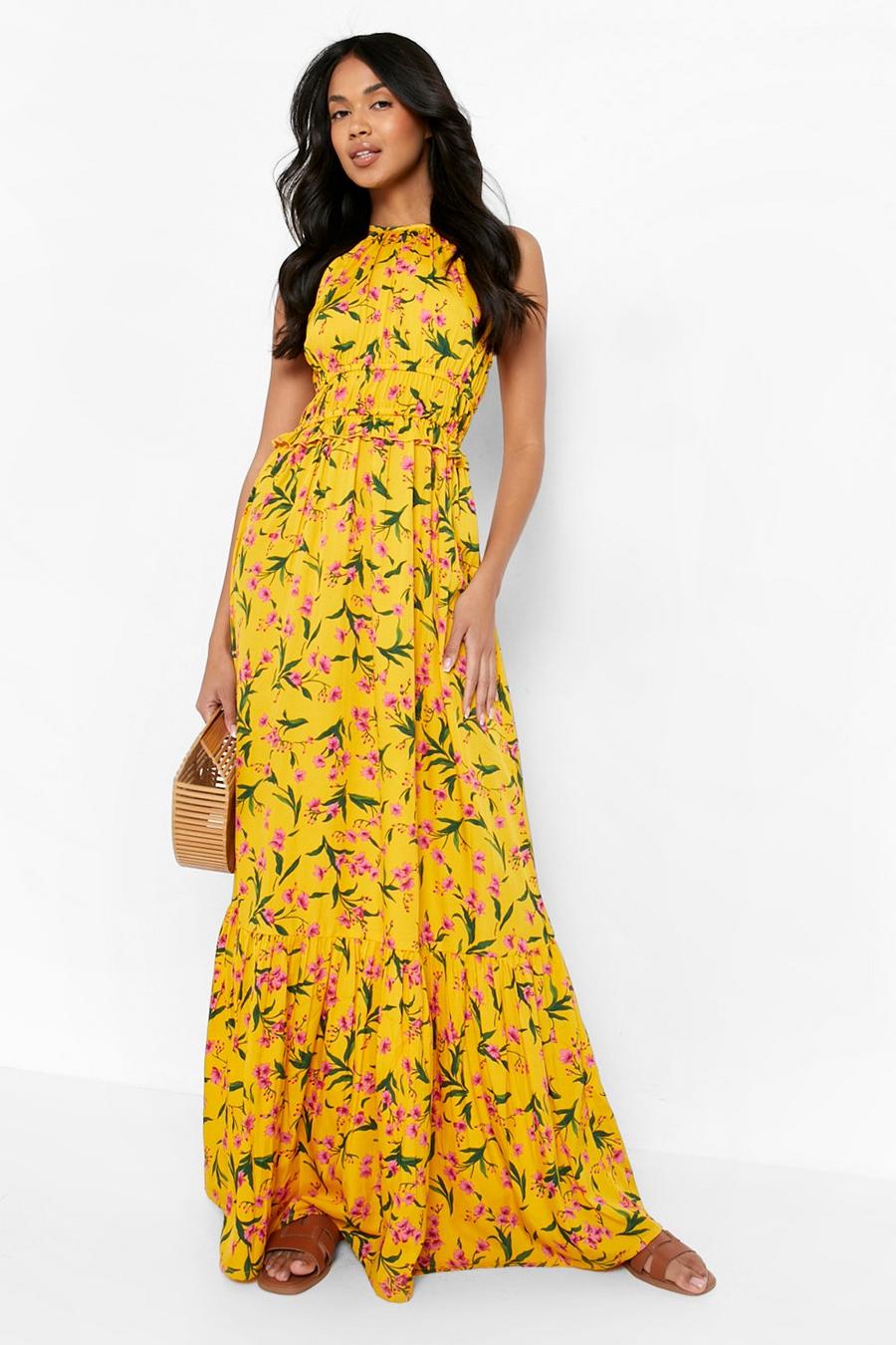 Yellow Floral Tiered Halter Maxi Dress image number 1