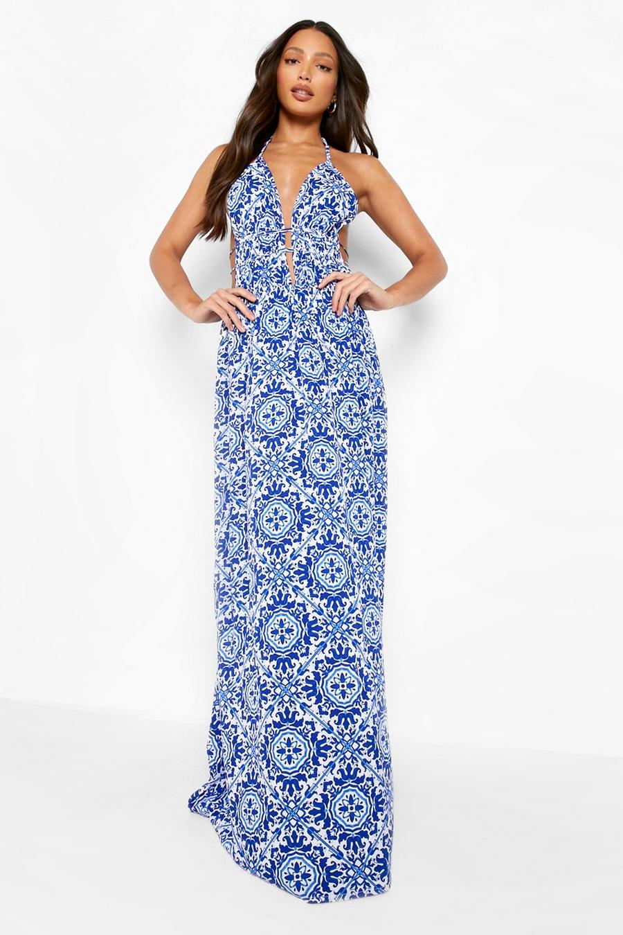 Blue Tall Plunge Front Tile Print Maxi Dress