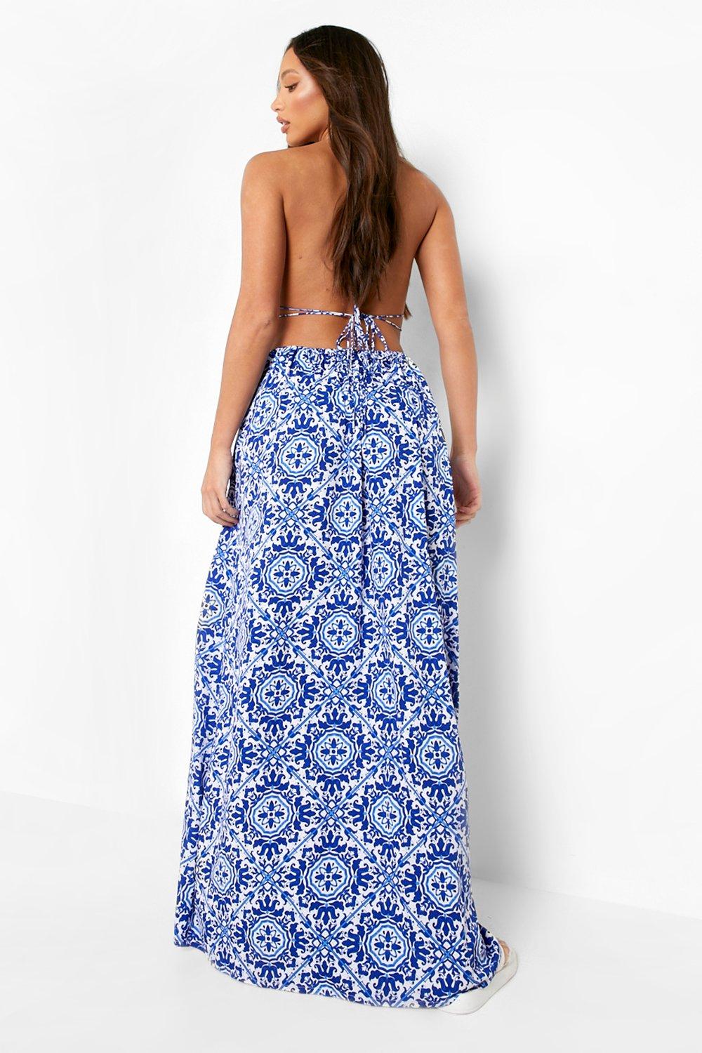 Tall Plunge Front Tile Print Maxi Dress boohoo