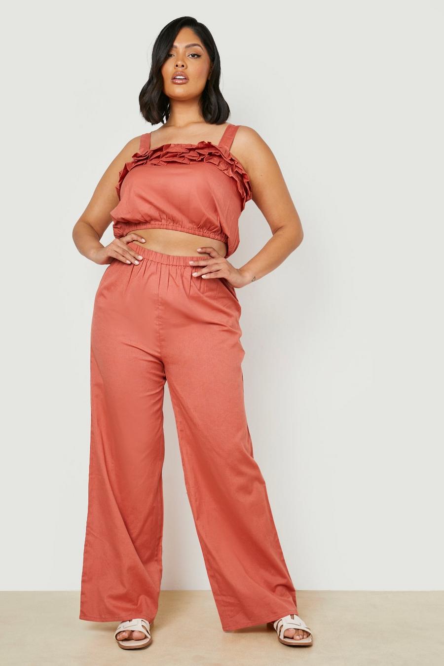 Terracotta Plus Linen Ruffle Wide Leg Trousers Co-Ord image number 1
