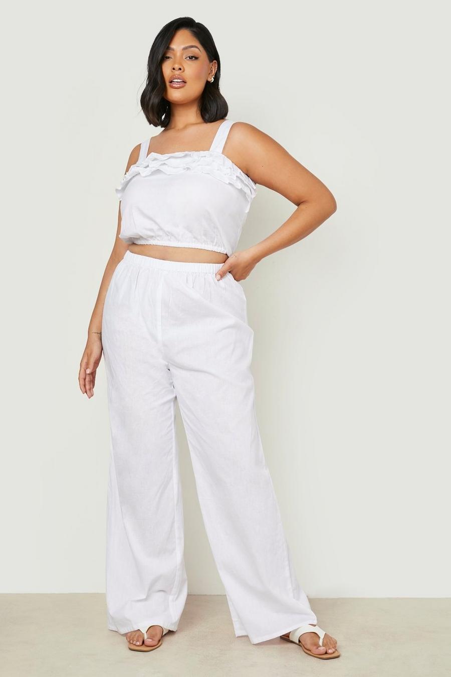 White Plus Linen Ruffle Wide Leg Pants Co-Ord image number 1