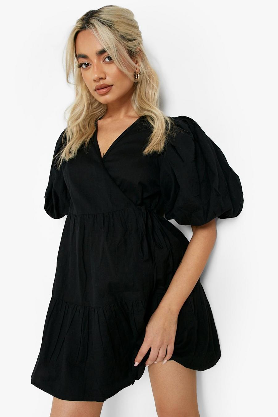 Black Petite Linen Look Puff Sleeve Mini Dress image number 1
