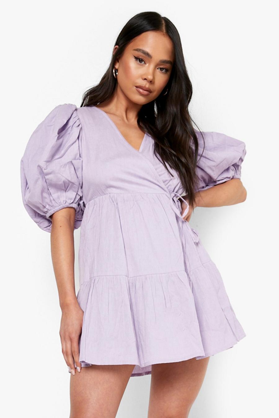 Lilac Petite Linen Look Puff Sleeve Mini Dress image number 1