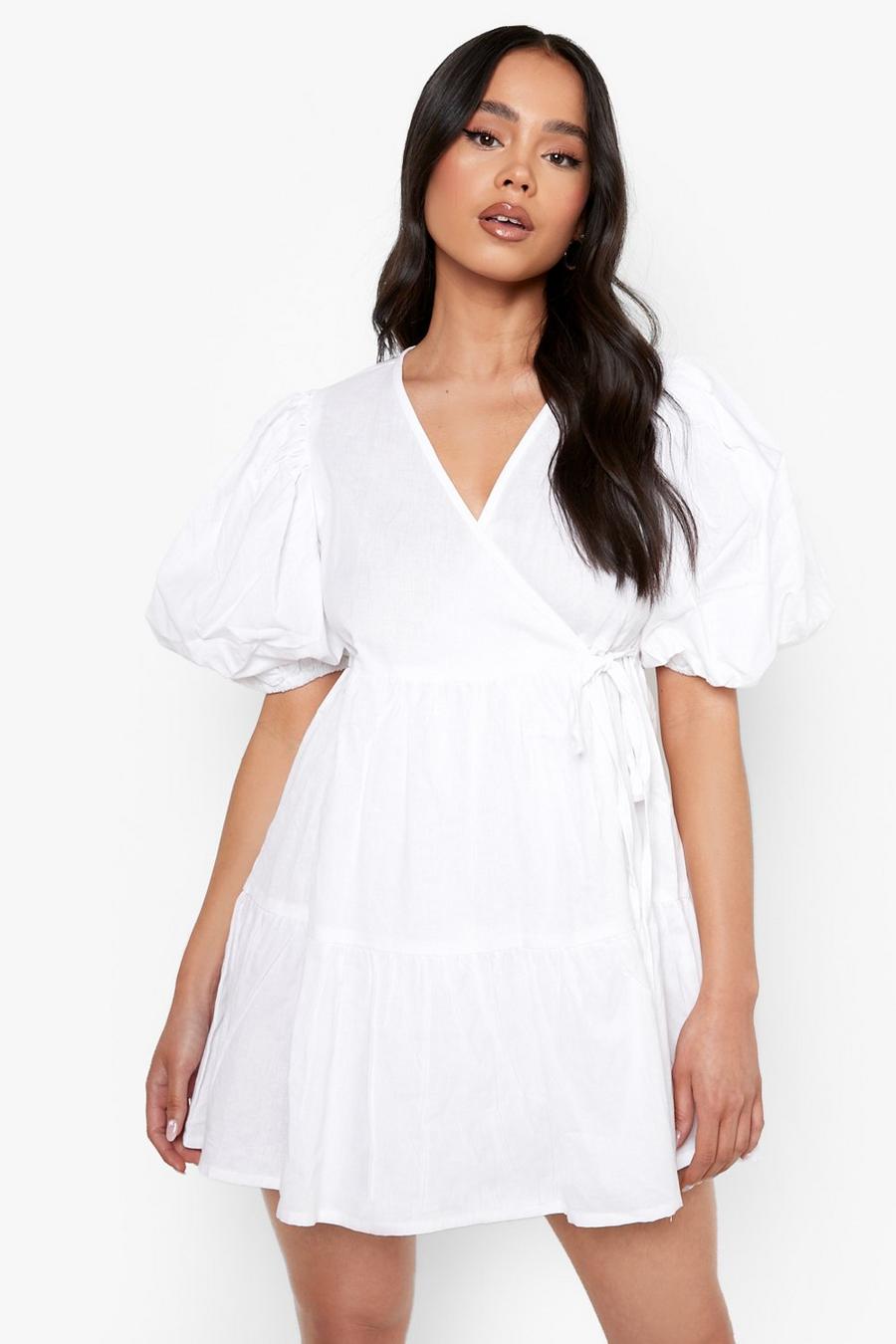 White Petite Linen Look Volume Sleeve Mini Dress image number 1